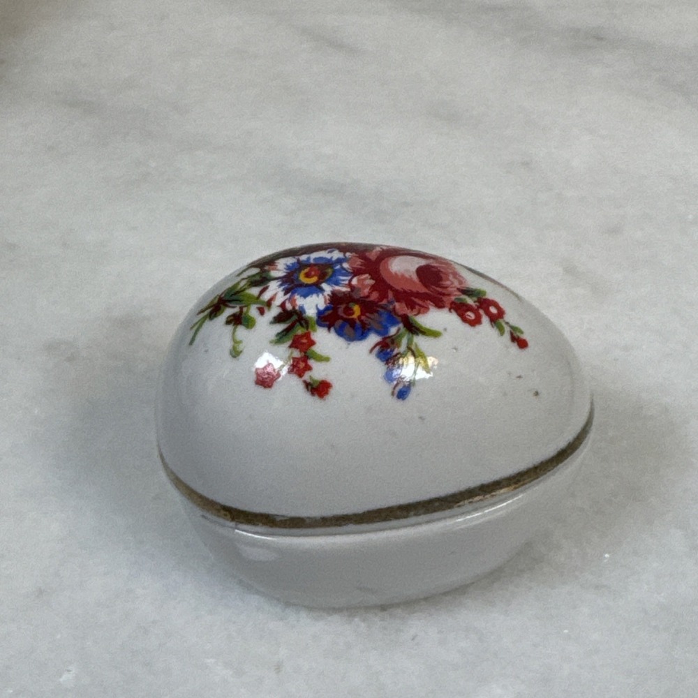Vintage Trinket Box SHACKMAN Egg Shape Pink Floral Gold Trim Porcelain